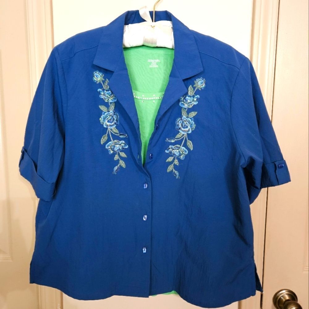 #380 Bonworth Button Up Royal Blue Embroidered Top- Size: Large (Petites)
